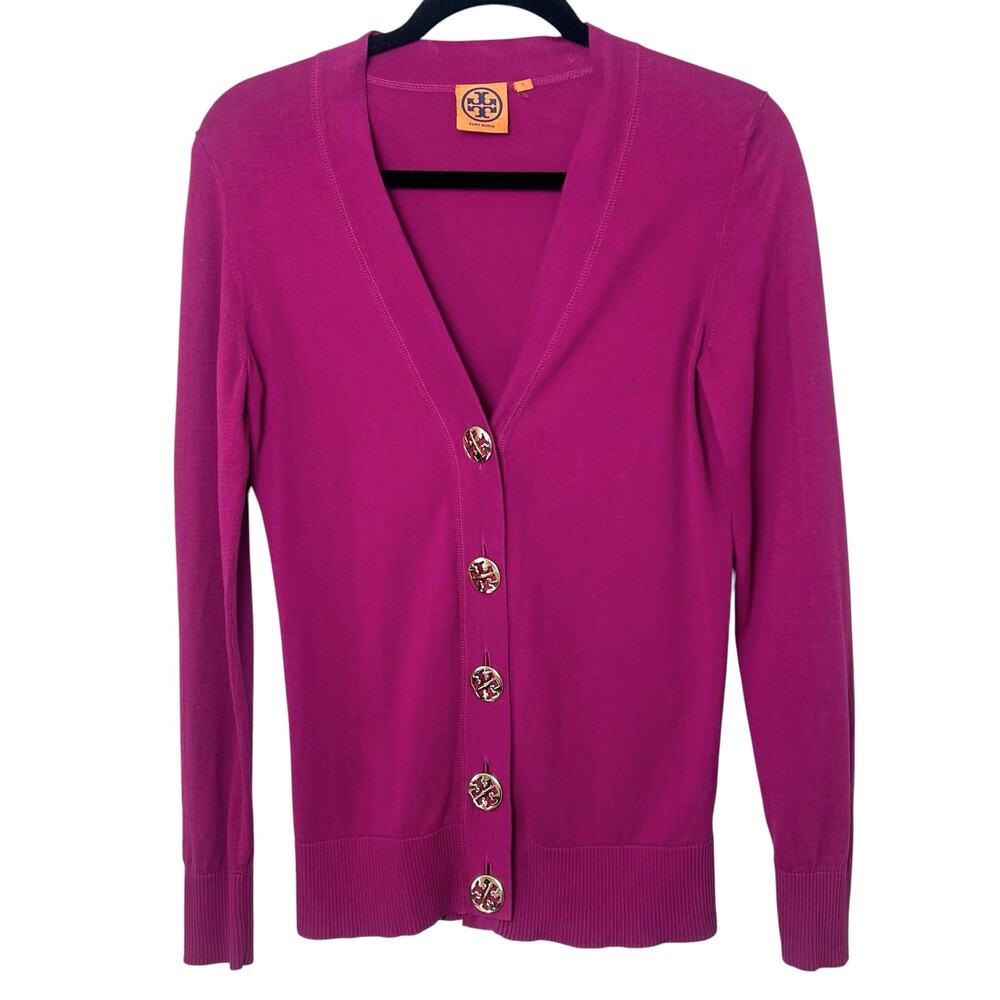 Tory Burch Simone Slim Fit Knit Cardigan Gold Toned Logo Buttons Size Small